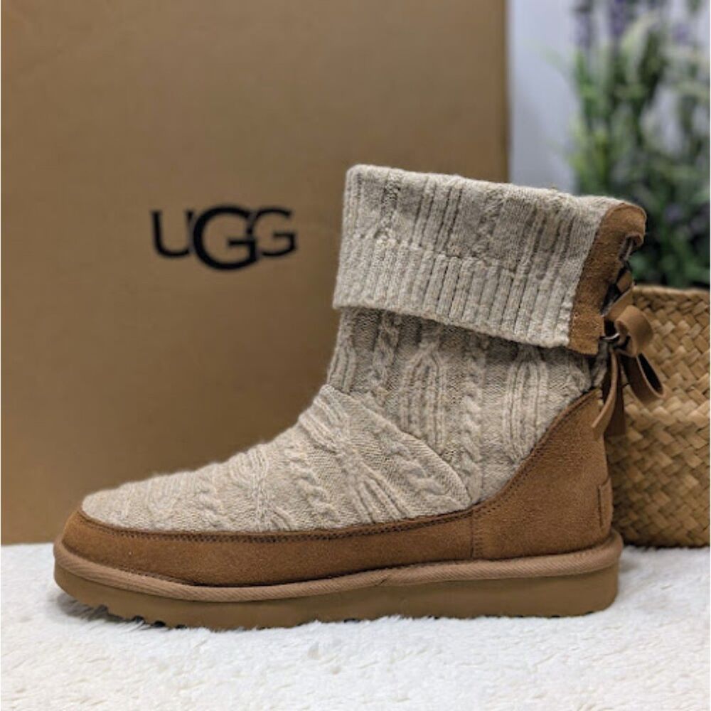 UGG Natural Chestnut Classic Mini Cabelle Knit Suede Leather Boots Women's 8 NIB - Picture 8 of 14
